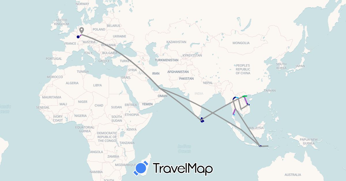TravelMap itinerary: driving, bus, plane, train, boat in United Arab Emirates, Germany, France, Indonesia, Cambodia, Laos, Sri Lanka, Singapore, Thailand, Vietnam (Asia, Europe)